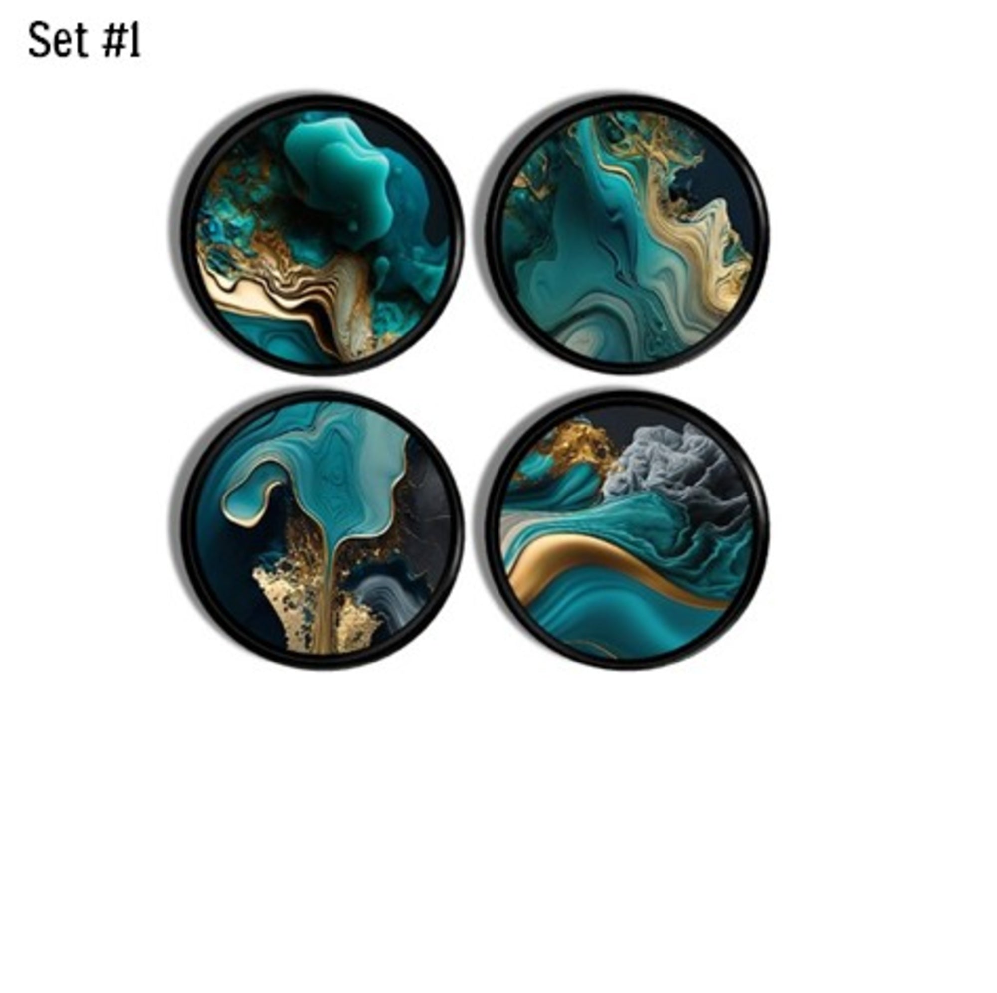 Black cabinet knob with abstract alcohol ink art in teal, white, and gold