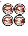 Four black cabinet knobs decorated with retro red-and-white CUISINE kitchen scenes inspired by vintage café décor.
