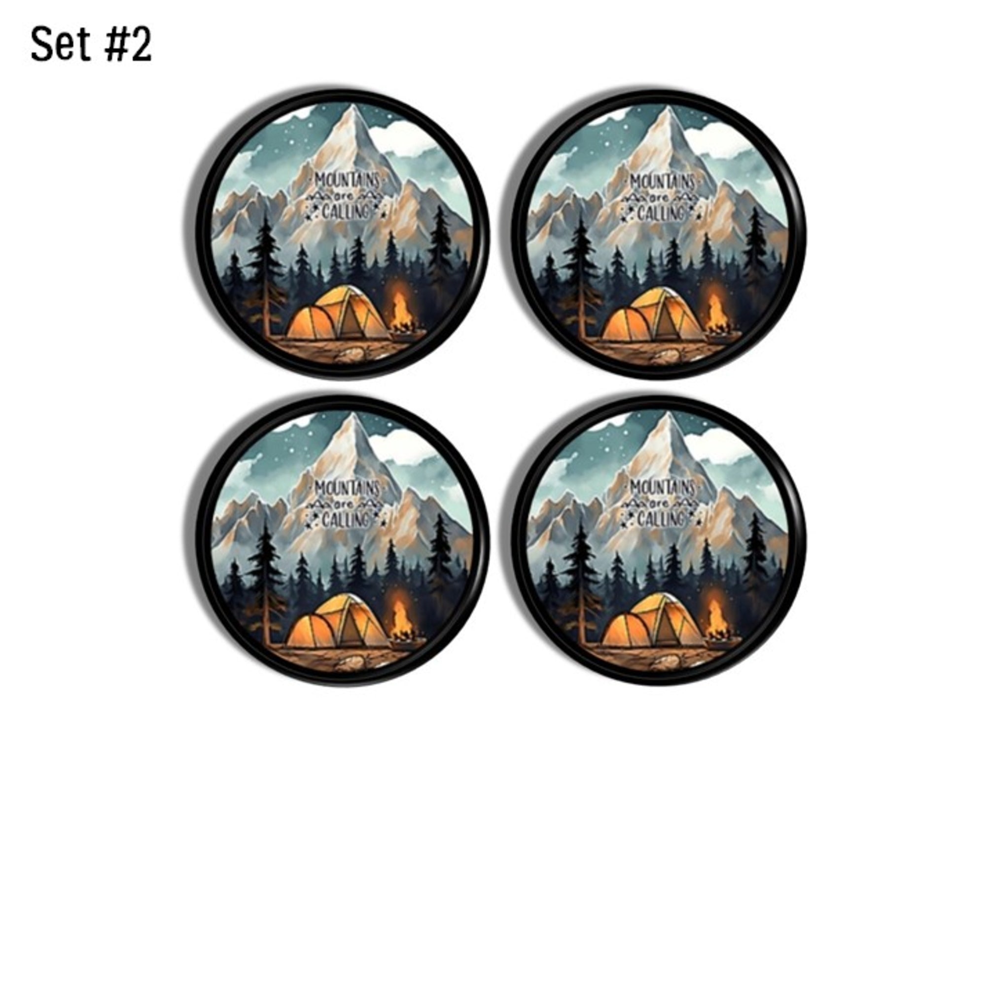 Four‑piece camping decorative cabinet knob set featuring nighttime mountain scenery with glowing tent nature art, evergreen silhouettes, and warm rustic adventure tones