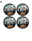 Four‑piece camping decorative cabinet knob set featuring nighttime mountain scenery with glowing tent nature art, evergreen silhouettes, and warm rustic adventure tones