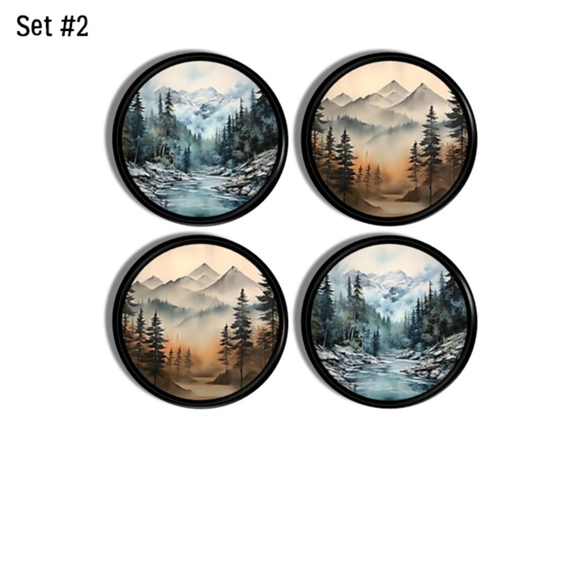 Four‑piece mountain landscape cabinet knob decorative hardware set featuring cool river scenes and warm sunrise mountain horizons in rustic nature artwork