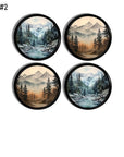 Four‑piece mountain landscape cabinet knob decorative hardware set featuring cool river scenes and warm sunrise mountain horizons in rustic nature artwork