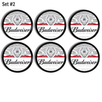 6 decorative bar cabinet door knobs. Handmade hardware  in the traditional Budweiser beer can label.