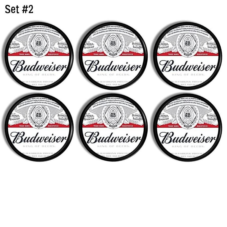 6 decorative bar cabinet door knobs. Handmade hardware  in the traditional Budweiser beer can label.