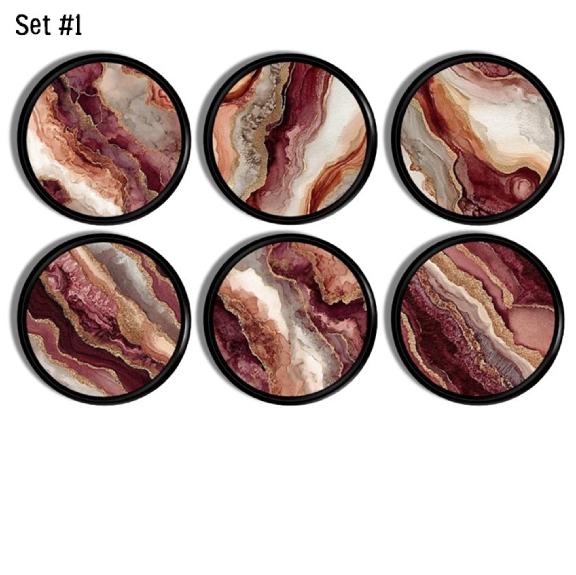 Burgundy and terracotta agate‑print cabinet knobs with warm mineral banding, shown as a coordinated 6‑piece set