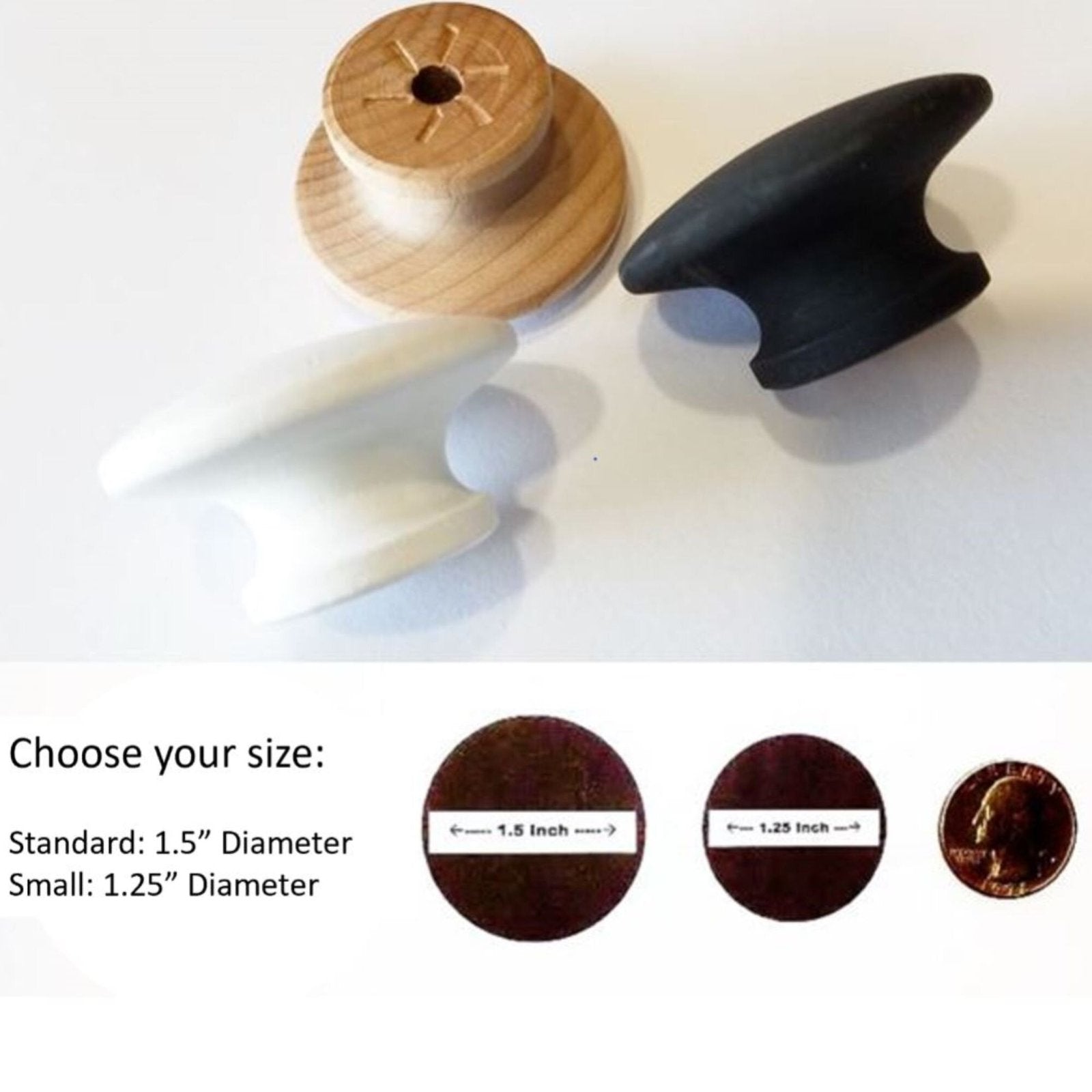 Reference image showing cabinet knob color options in black, white, and natural wood, with size comparison between 1.25 inch and 1.5 inch knobs.