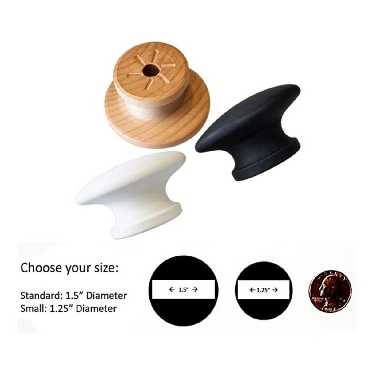 Cabinet knob and drawer pull reference image showing available knob colors in black, white, and natural wood, with size comparison between 1.25 inch and 1.5 inch diameter options.