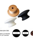 Cabinet knob and drawer pull reference image showing available knob colors in black, white, and natural wood, with size comparison between 1.25 inch and 1.5 inch diameter options.