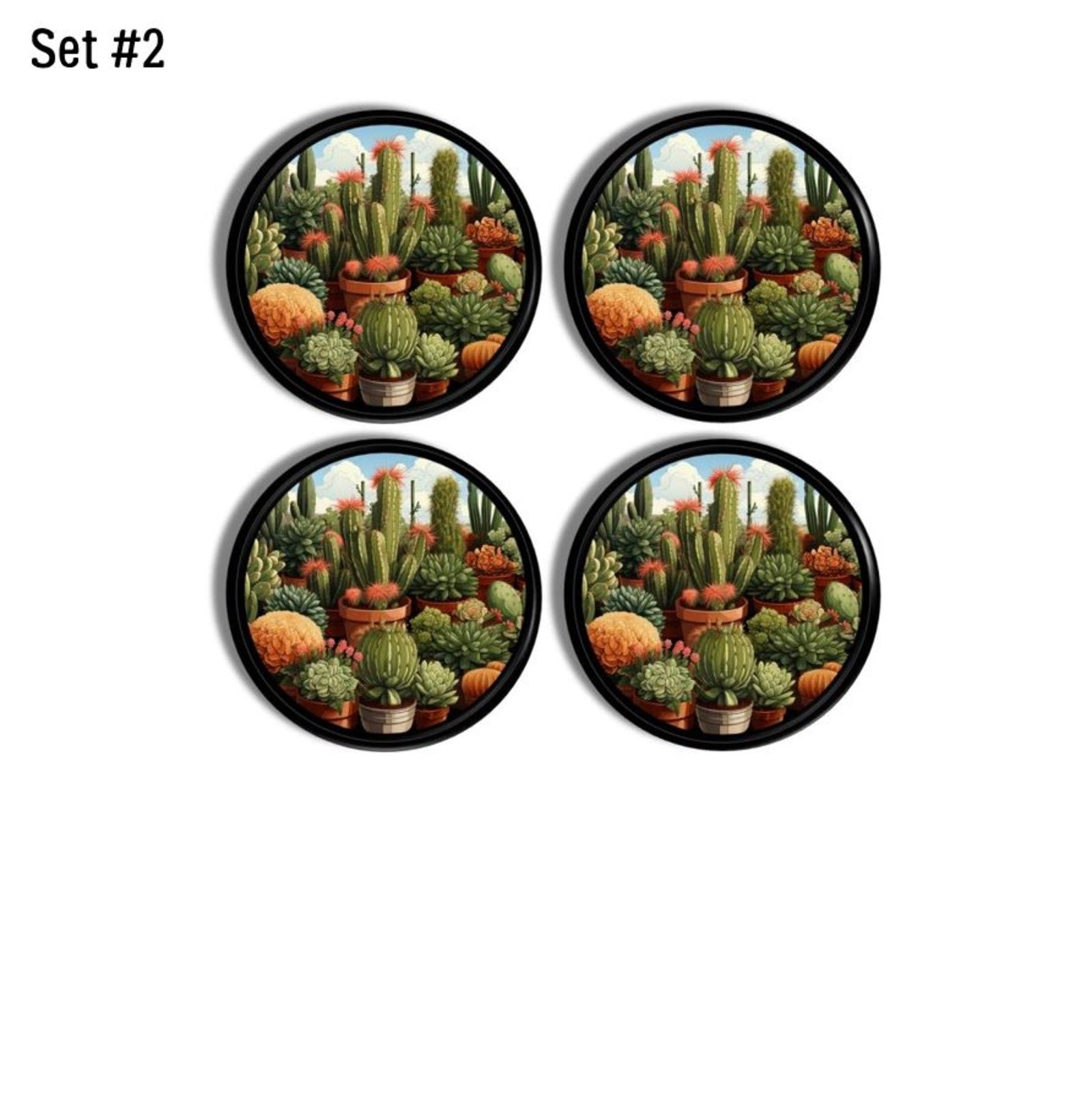 Set of cabinet pull knobs in a southwest cactus botanical theme on black handle hardware.