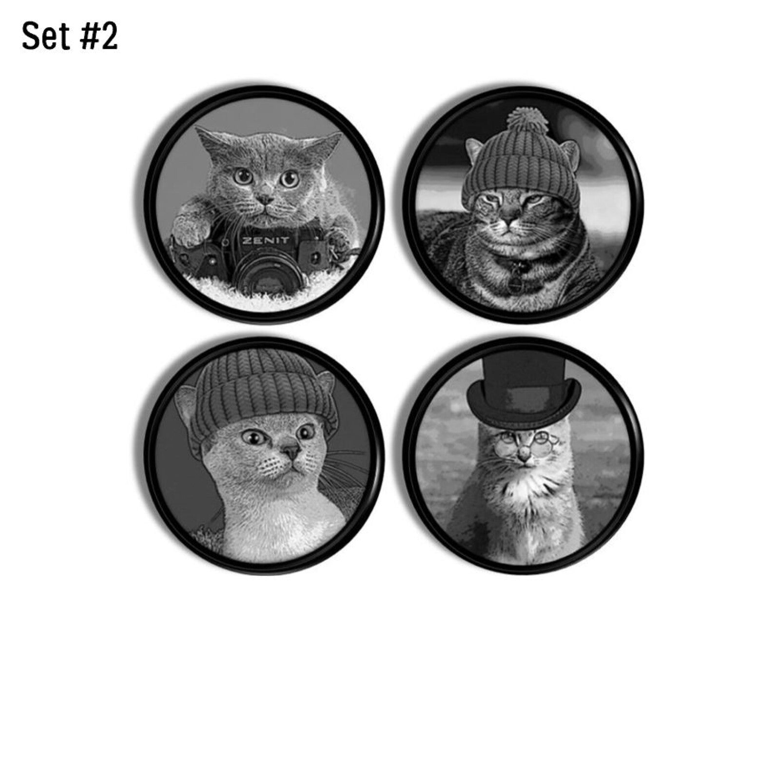 Cat knob set featuring grayscale portraits of cats with accessories — camera, beanies, top hat, and glasses.