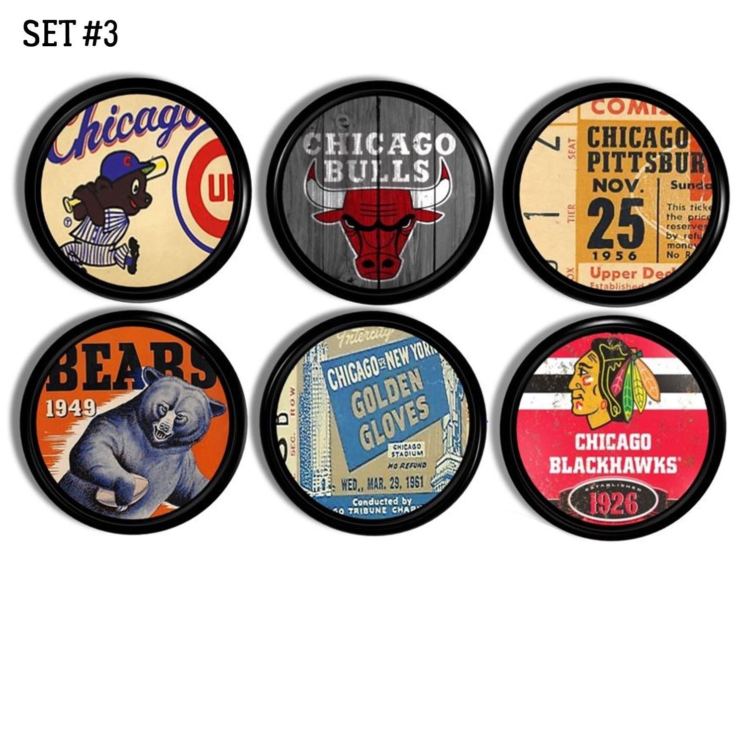 Black cabinet knobs with historic Chicago sports artwork. Features classic logos, ticket stubs, and event posters from Cubs, Bears, Bulls, Blackhawks, and boxing. Collector fan cave knob set of 6.
