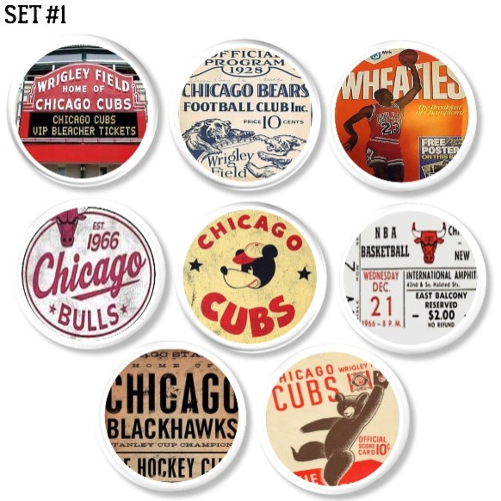 Eight handcrafted cabinet knobs featuring vintage Chicago sports memorabilia designs. Includes Cubs, Bears, Bulls, and Blackhawks logos, tickets, and posters. Retro fan cave hardware set of 8.