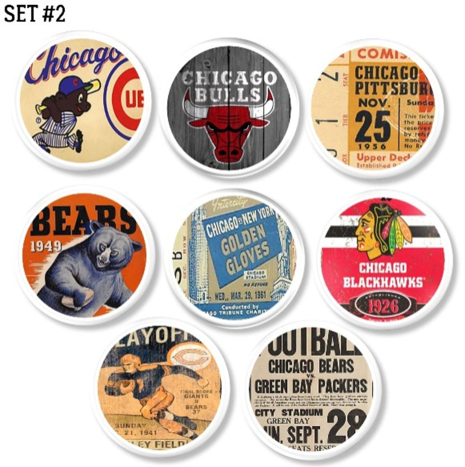 Eight handcrafted cabinet knobs with white bases featuring vintage Chicago sports ticket stubs, logos, and memorabilia. Includes Cubs, Bears, Bulls, Blackhawks, and boxing designs. Retro fan cave hardware set of 8.