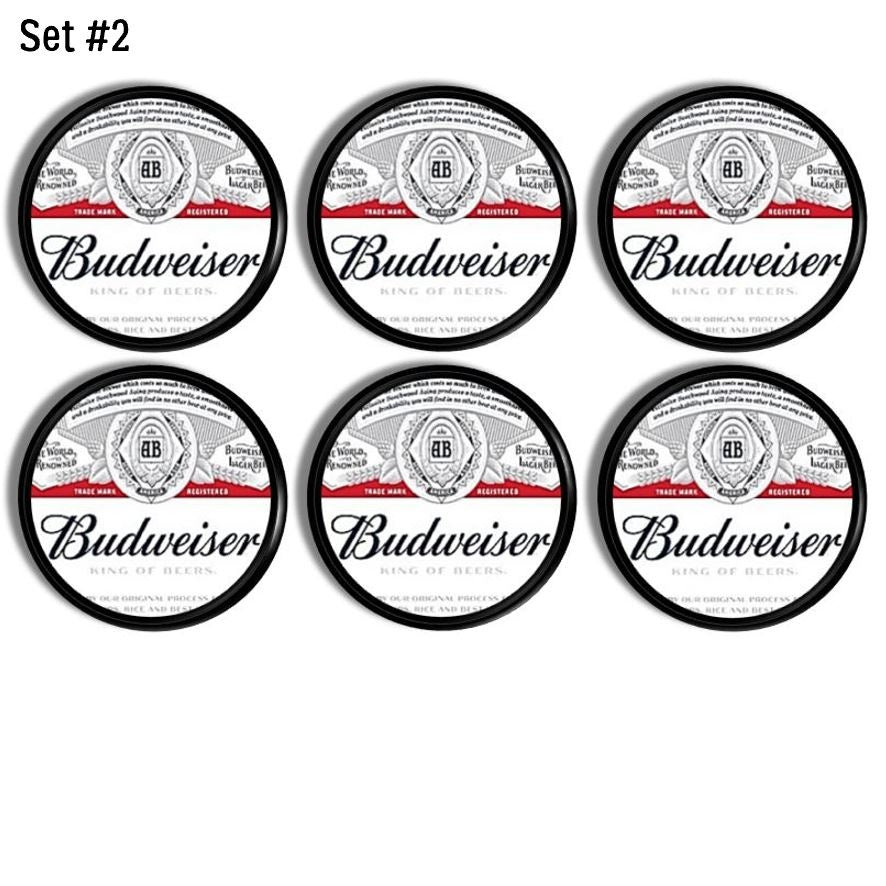 Classic Budweiser beer label cabinet knobs in a 6 piece set with red and white branding.