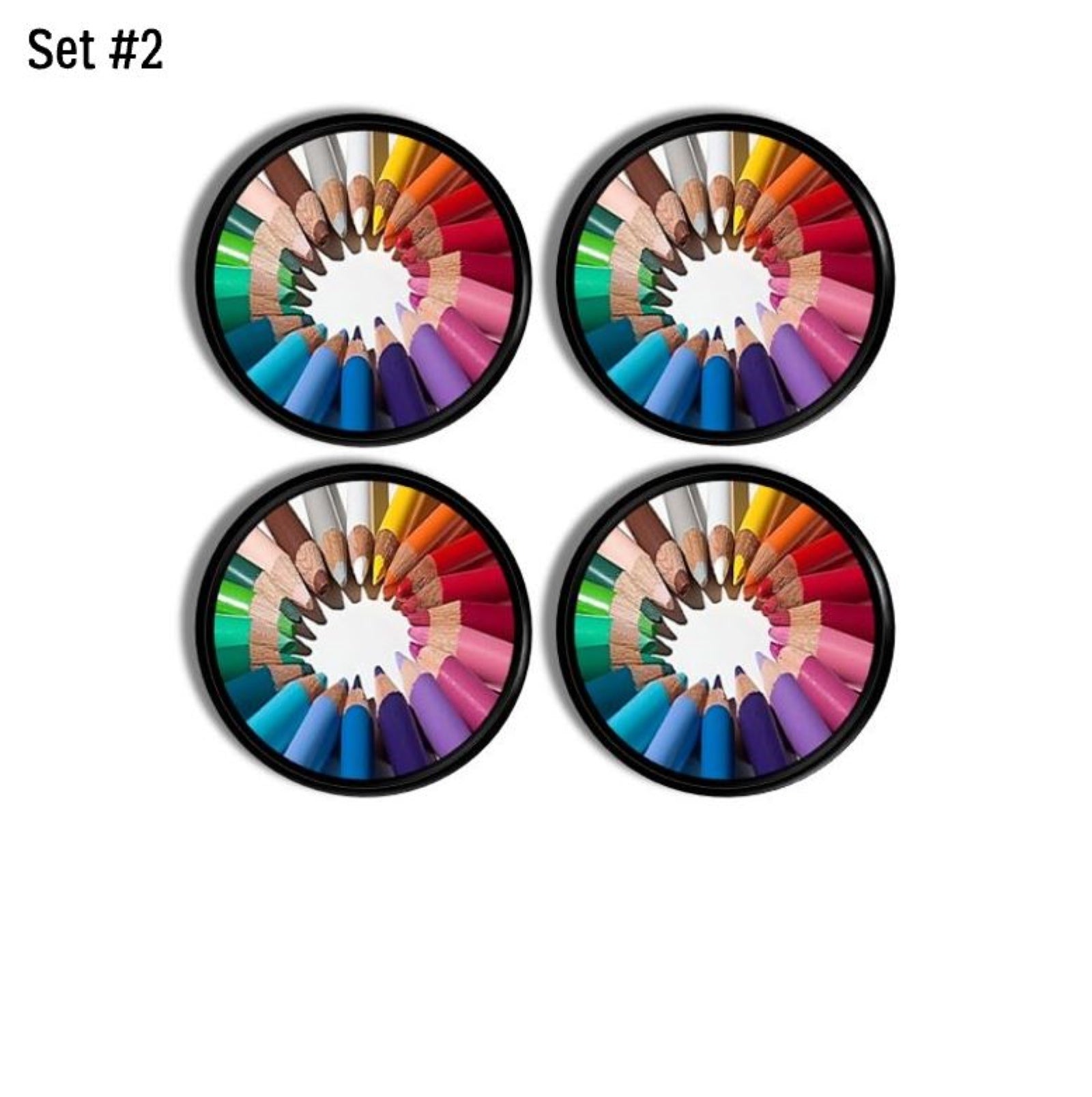 Set of 4 cabinet and drawer knobs with a full color spectrum of art pencils. Colorful replacement hardware for kids furniture.