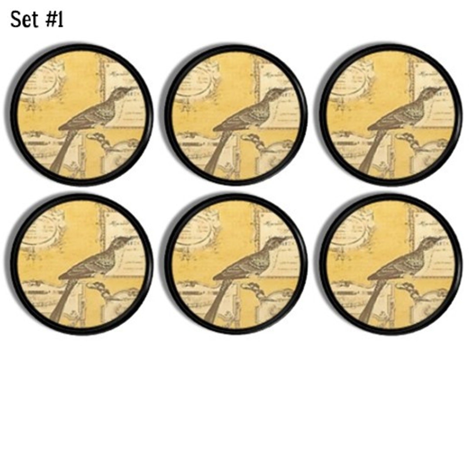 Six handcrafted cabinet knobs with vintage bird illustration and faded script toile design in gray sepia tones. Cottagecore and French country farmhouse style hardware set of 6.