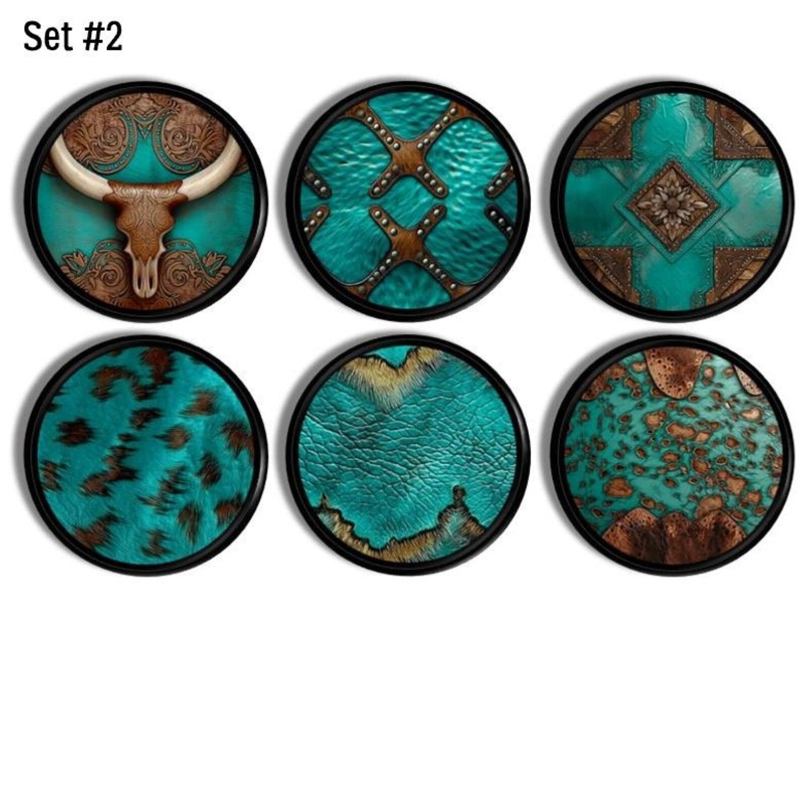 Set of 6 handmade cabinet door knobs in a western cattle ranch theme on black handles.
