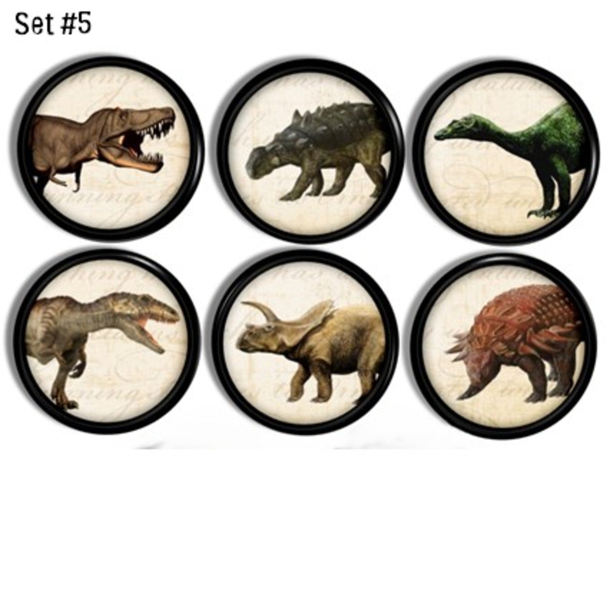 Six handcrafted cabinet knobs featuring expressive dinosaur illustrations in vintage parchment style — including T. rex, Triceratops, Ankylosaurus, and other prehistoric favorites with bold colors and detailed textures. Ideal for educational drawer knobs in a dinosaur-themed nursery or kids’ room.
