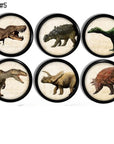 Six handcrafted cabinet knobs featuring expressive dinosaur illustrations in vintage parchment style — including T. rex, Triceratops, Ankylosaurus, and other prehistoric favorites with bold colors and detailed textures. Ideal for educational drawer knobs in a dinosaur-themed nursery or kids’ room.