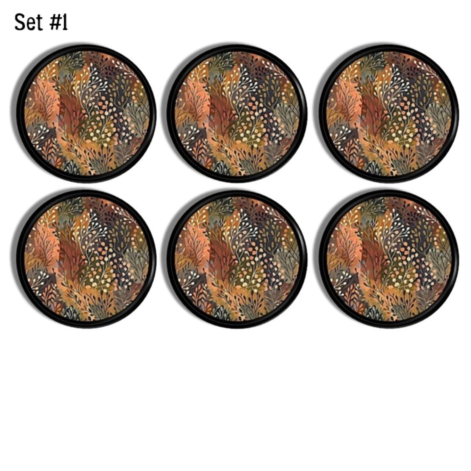 Set of 6 handmade cabinet knobs with abstract autumn botanical artwork in warm earth‑tone hues, offering a rich patterned look ideal for warm maximalist, organic modern, and Nordic‑cabin décor