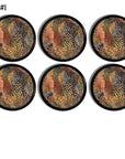 Set of 6 handmade cabinet knobs with abstract autumn botanical artwork in warm earth‑tone hues, offering a rich patterned look ideal for warm maximalist, organic modern, and Nordic‑cabin décor