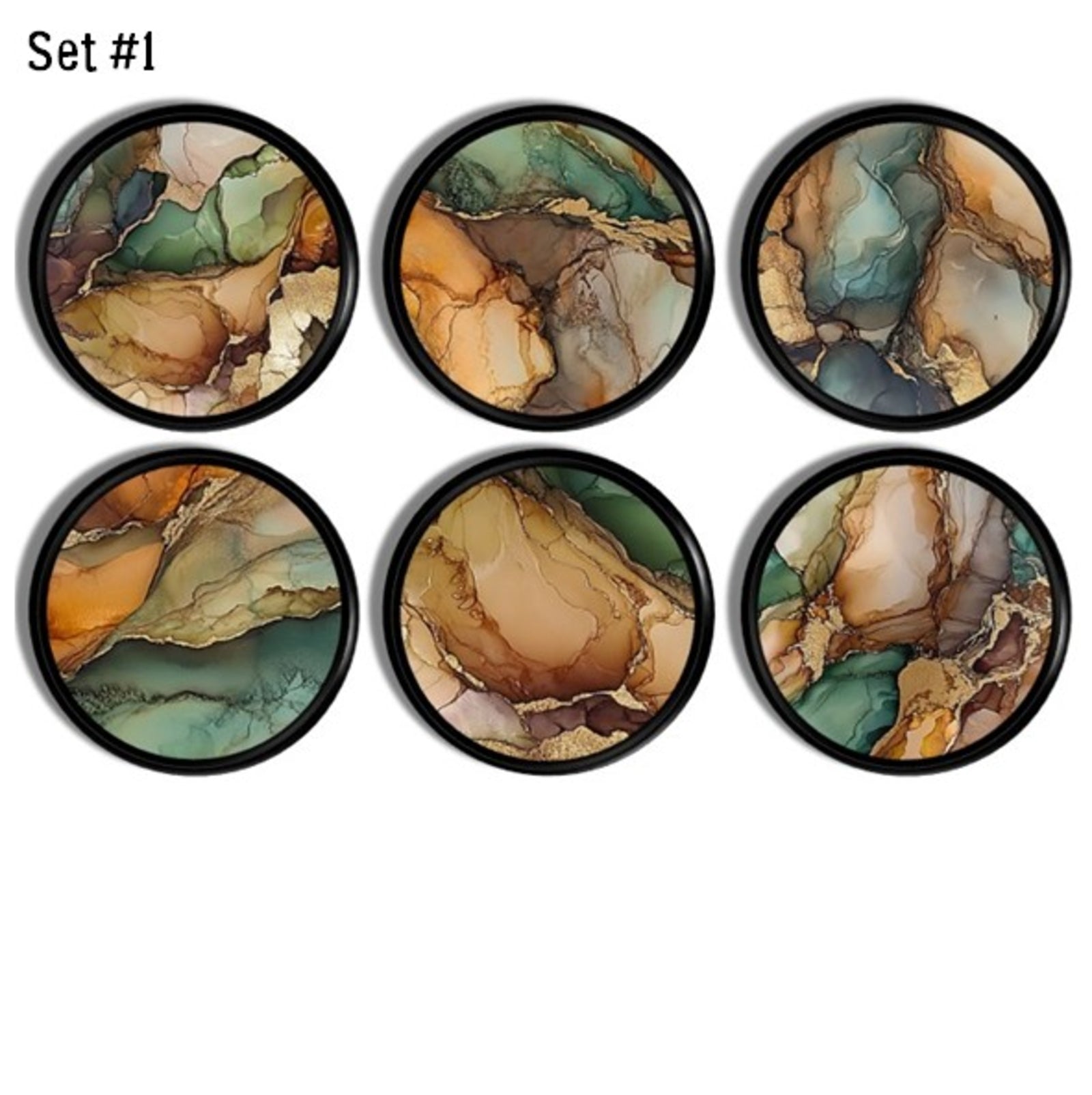 Six handcrafted cabinet knobs featuring earthy marbled mineral patterns in warm greens, rust, beige, and soft neutrals, with organic agate‑style swirls and natural stone‑inspired veining — ideal for boho, earthy modern, or nature‑inspired furniture accents.