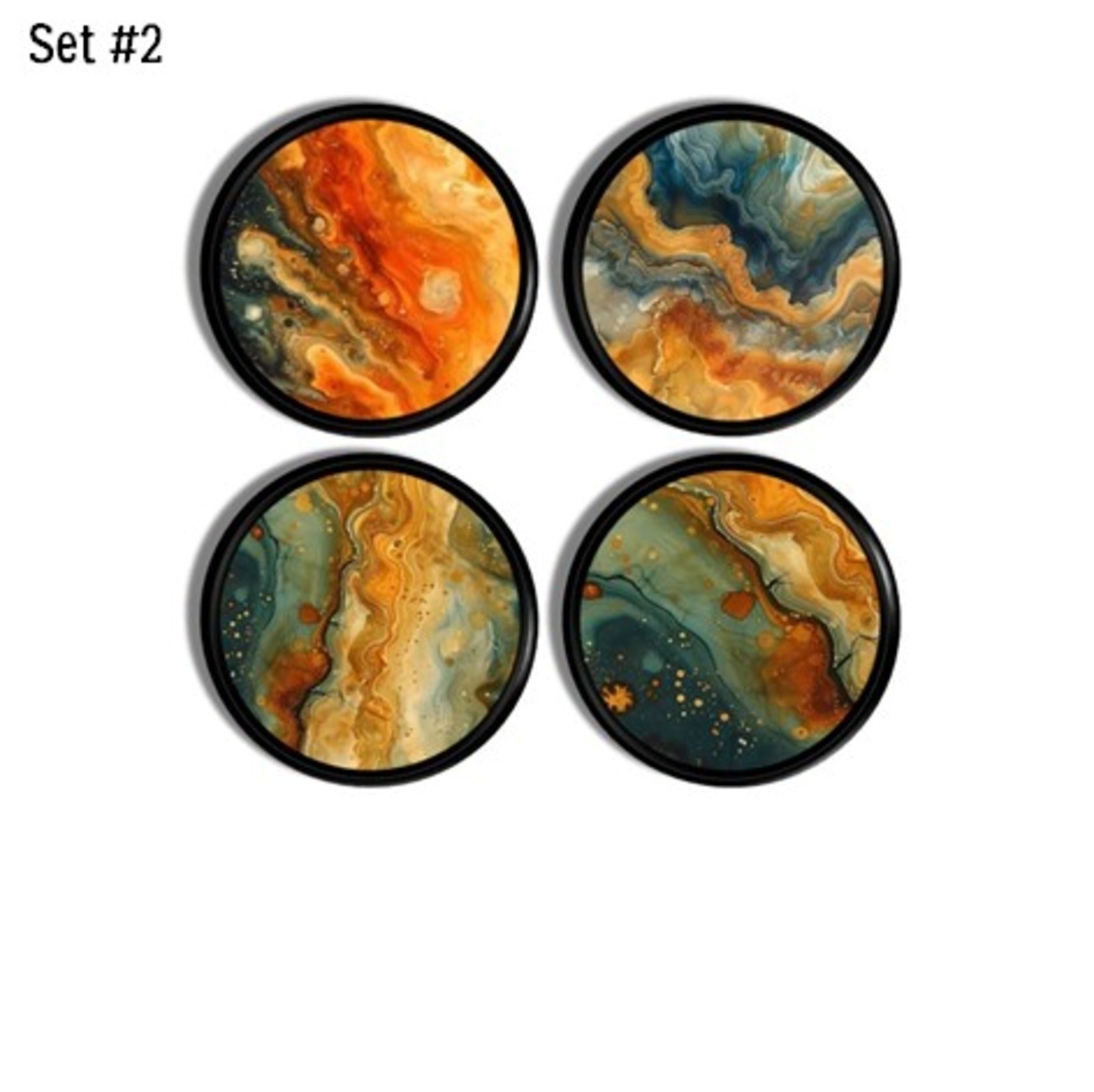 Decorative replacement cabinet knobs in a richly colored theme of graphics resembling intricate rock sediment formations. Made on black handle hardware. Ideal option for modern contemporary or eclectic home decor styles.