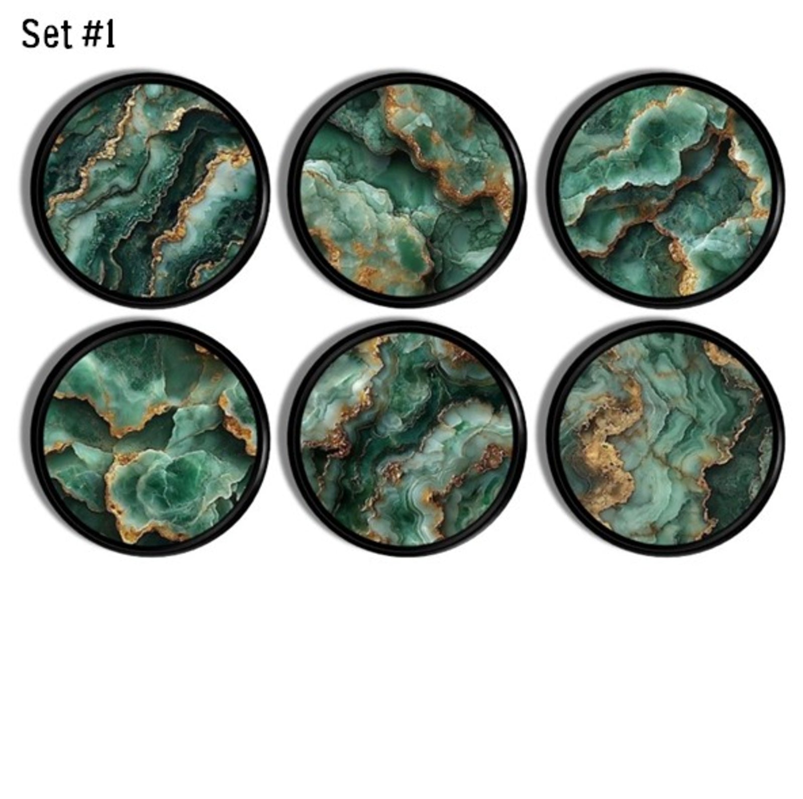 Emerald and jade marbled cabinet knob set with gold veining for modern luxe and contemporary décor