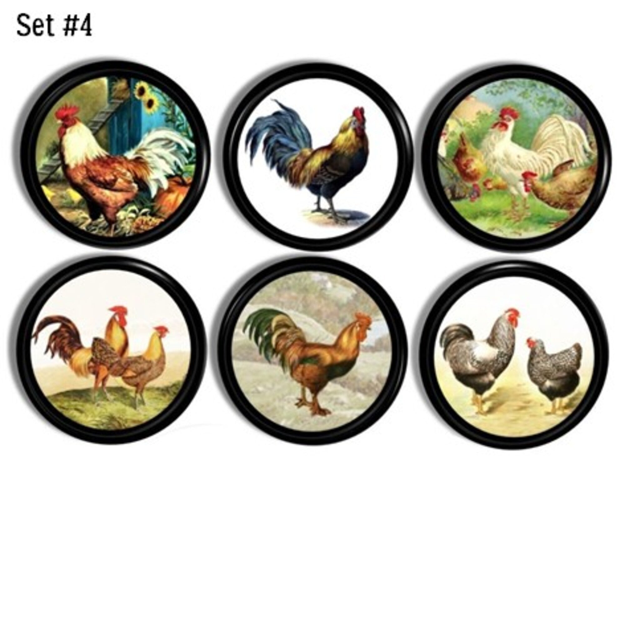 Cabinet knob set featuring vintage-style rooster and hen illustrations — colorful barnyard scenes with sunflowers and grassy fields