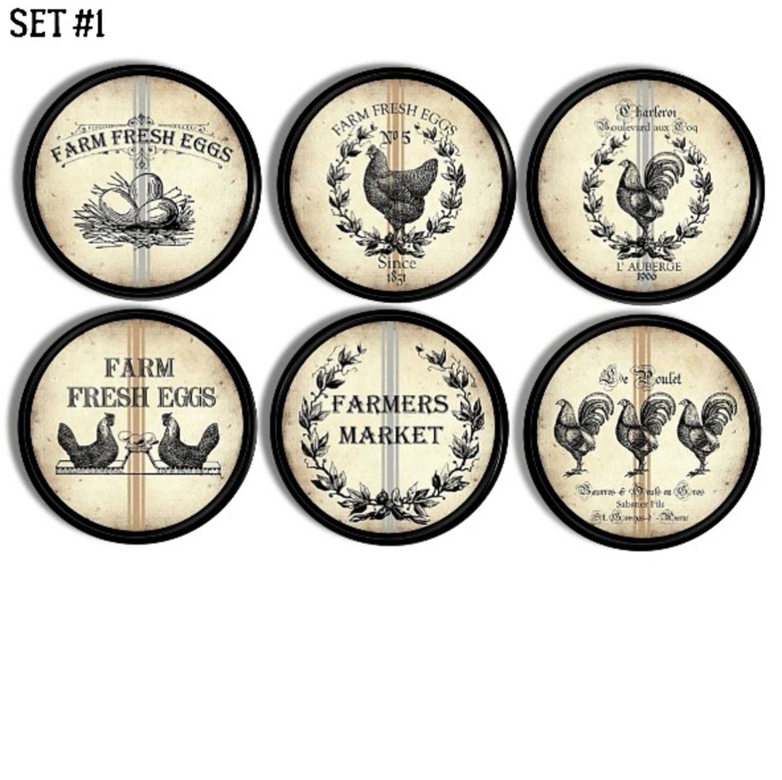 6 black knobs with black roosters, chickens, fresh eggs & French provincial wheat on a distressed antique cream background.