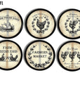 6 black knobs with black roosters, chickens, fresh eggs & French provincial wheat on a distressed antique cream background.