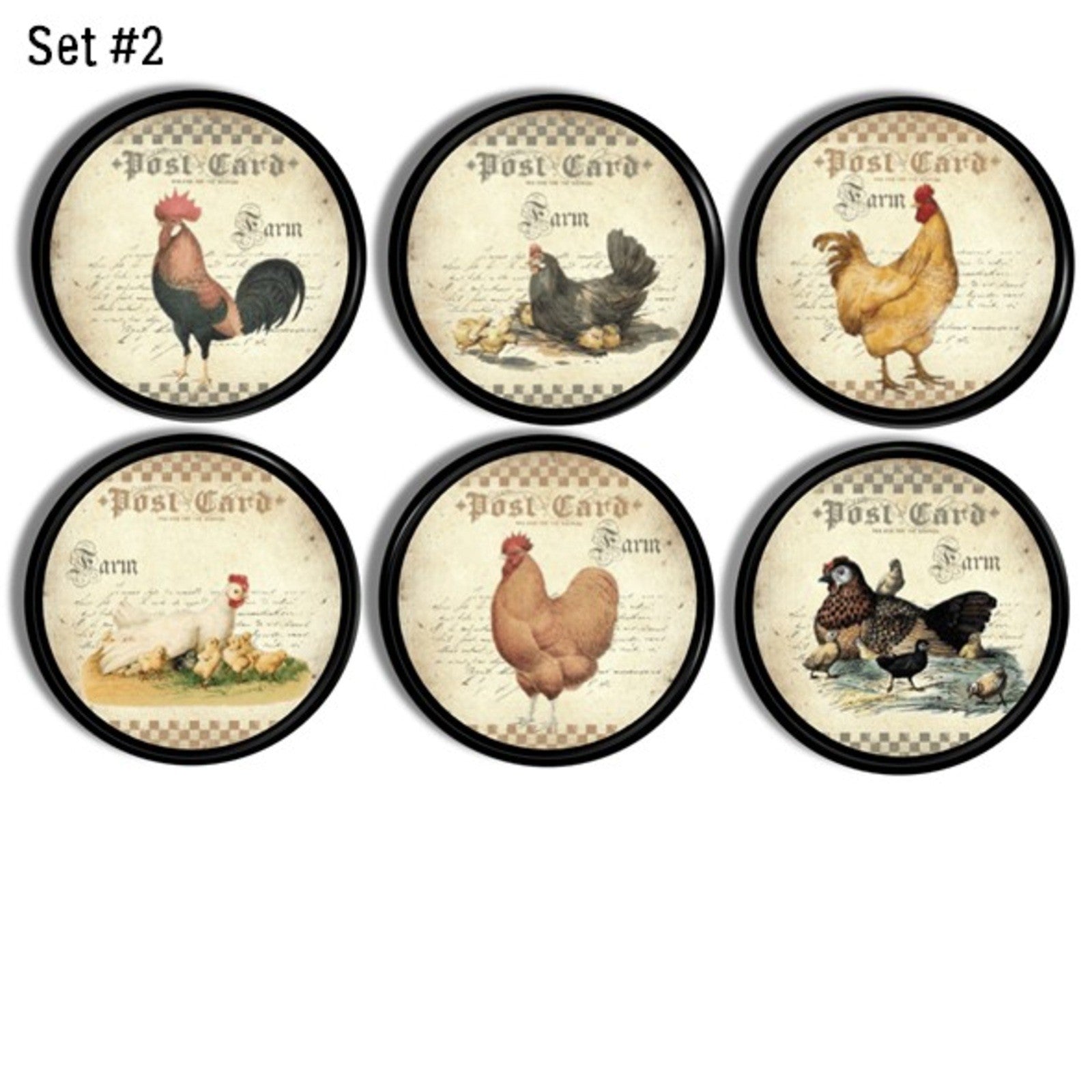 Farmhouse cabinet knobs with vintage hen and rooster chicken illustrations. Farm animal drawer pulls for rustic kitchen and cottage décor