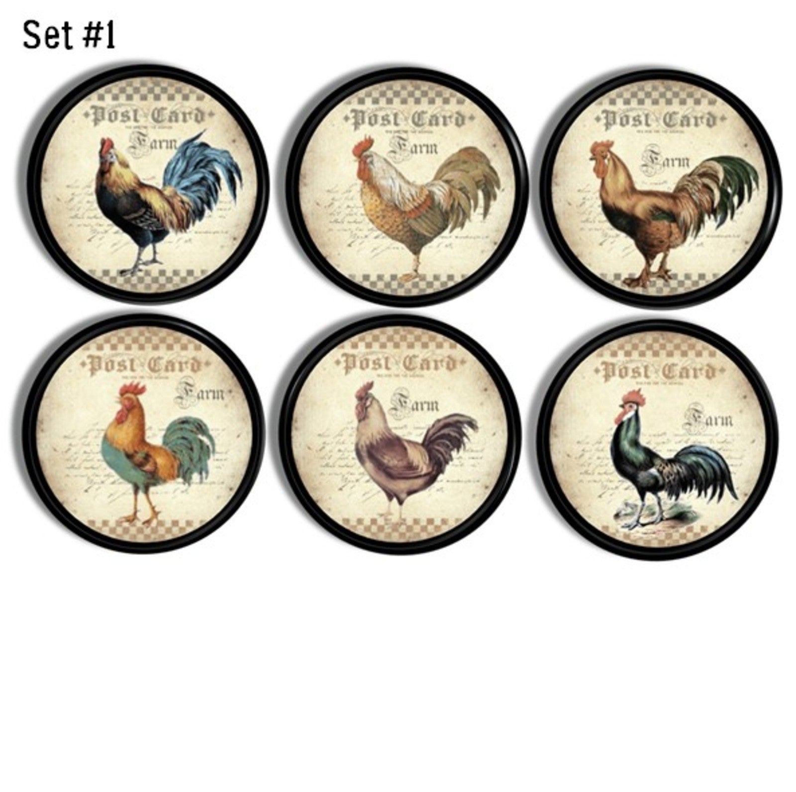 Farmhouse cabinet knobs with colorful rooster illustrations and vintage postcard styling. Rustic chicken themed drawer pulls for kitchen décor
