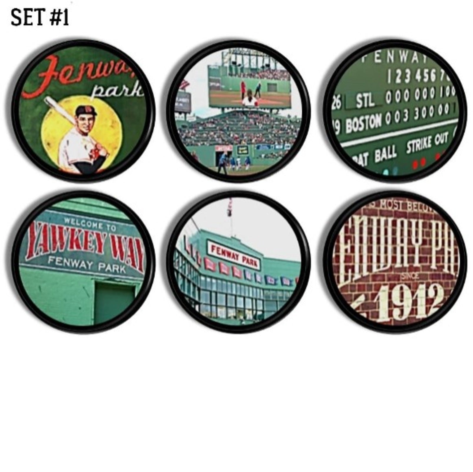 Six black knobs featuring iconic Fenway Park imagery. Includes scoreboard, stadium signage, Yawkey Way, and vintage Boston baseball artwork. Handcrafted drawer pulls for Red Sox home décor.