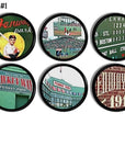 Six black knobs featuring iconic Fenway Park imagery. Includes scoreboard, stadium signage, Yawkey Way, and vintage Boston baseball artwork. Handcrafted drawer pulls for Red Sox home décor.