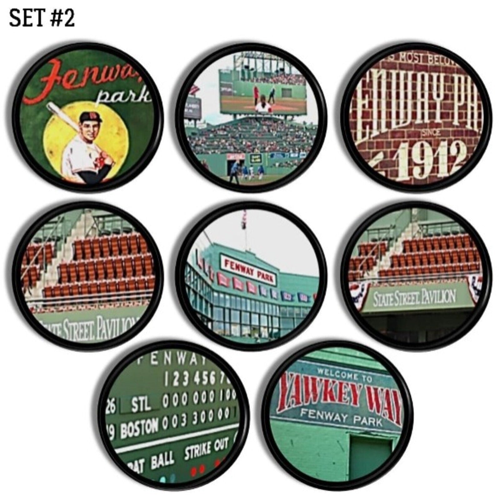 Eight black knobs featuring classic Fenway Park scenes. Includes scoreboard, stadium seating, vintage signage, and Boston Red Sox artwork. Handcrafted drawer pulls for baseball fan cave or home sports bar mancave décor.