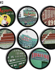 Eight black knobs featuring classic Fenway Park scenes. Includes scoreboard, stadium seating, vintage signage, and Boston Red Sox artwork. Handcrafted drawer pulls for baseball fan cave or home sports bar mancave décor.
