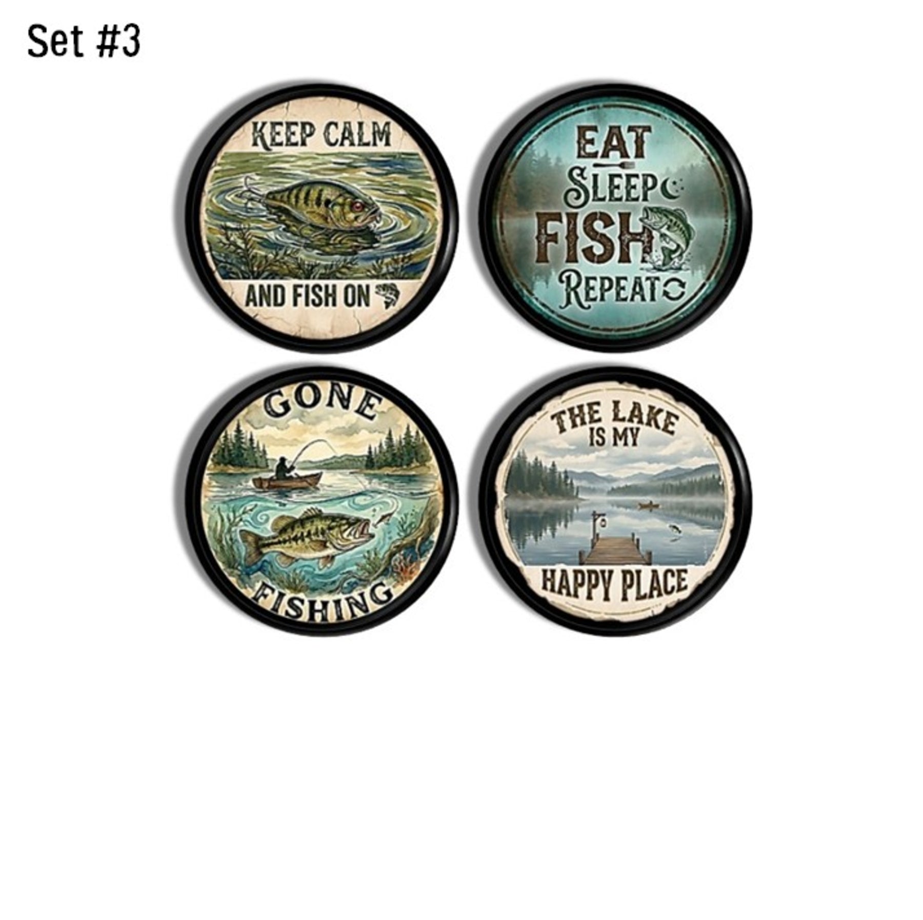 Relaxed fishing‑themed cabinet knobs with calm lake scenes and classic angler sayings, perfect for lake‑house retreats, cozy cabins, weekend cottages, and nature‑inspired décor