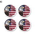 Freedom inspired cabinet knobs and drawer pulls with bald eagle and American flag. Decorative hardware on a white base knob