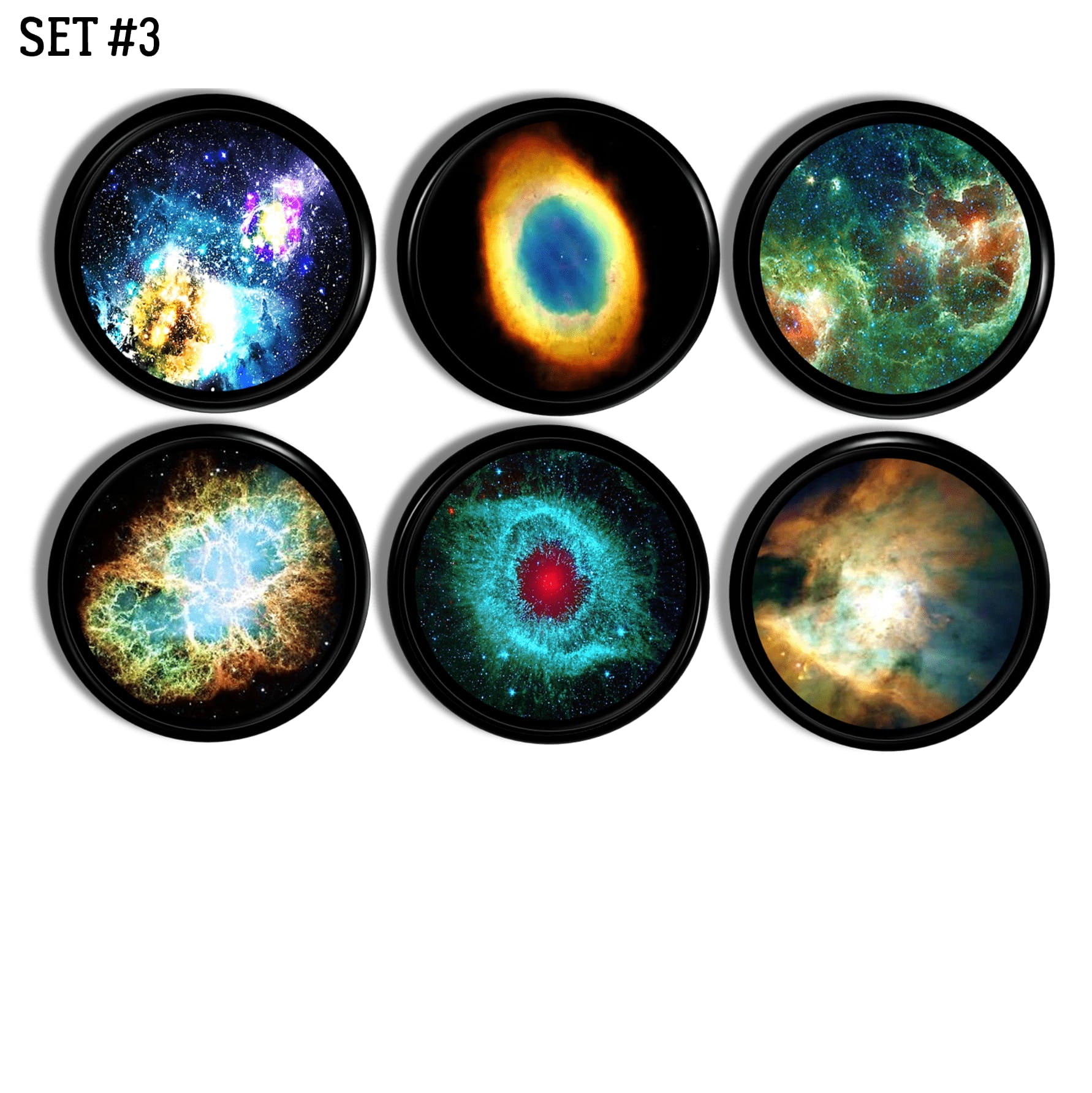 Black knobs featuring colorful nebula and star formation artwork. Includes red, green, blue, and yellow cosmic clouds with intricate space details. Set of six handcrafted drawer pulls for galaxy themed bedroom or mystical cabinet décor.