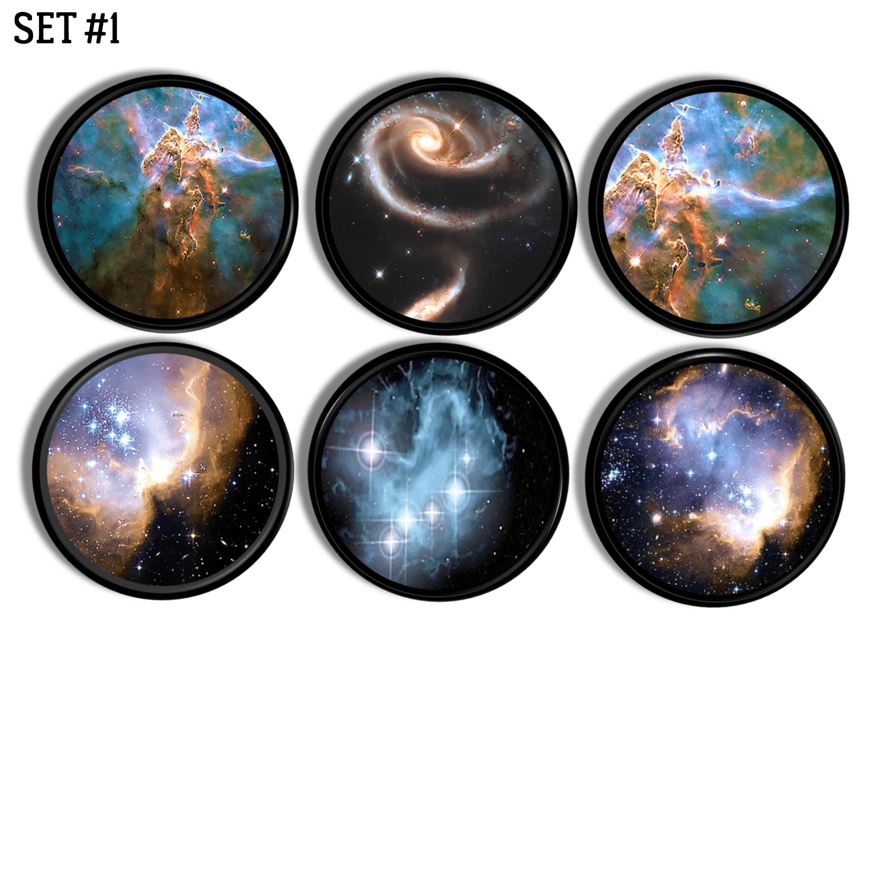 Six black knobs featuring vivid galaxy and nebula artwork. Includes spiral galaxies, star clusters, and colorful cosmic clouds. Handcrafted drawer pulls for celestial bedroom or space themed décor.