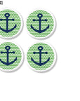 Four decorative cabinet knobs with navy blue anchors on green and white chevron backgrounds. Classic nautical hardware for coastal laundry room, entryway furniture, a beachy cottage nursery.