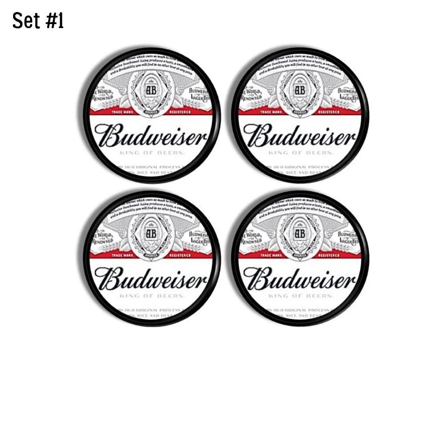 Handcrafted Budweiser beer bottle cabinet knobs in a 4 piece set featuring classic brewina branding.