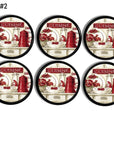 “Black cabinet knobs and drawer pulls in a 6-piece set featuring red and white country kitchen graphics with ‘CUISINE’ sign.”