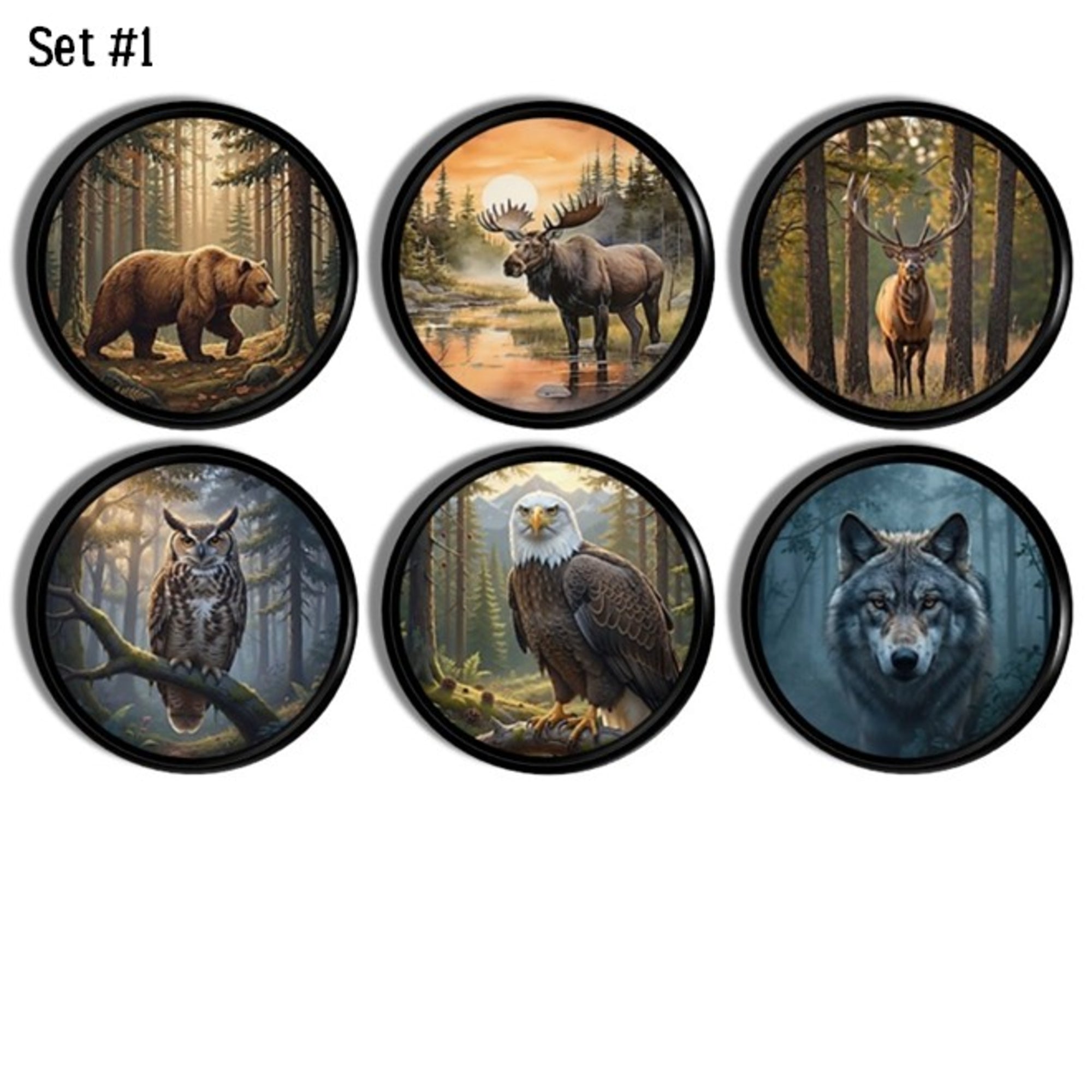 Set of six handmade wildlife cabinet knobs and drawer pulls featuring detailed woodland animal artwork including bear, moose, deer, owl, eagle, and wolf designs in a rustic forest style.
