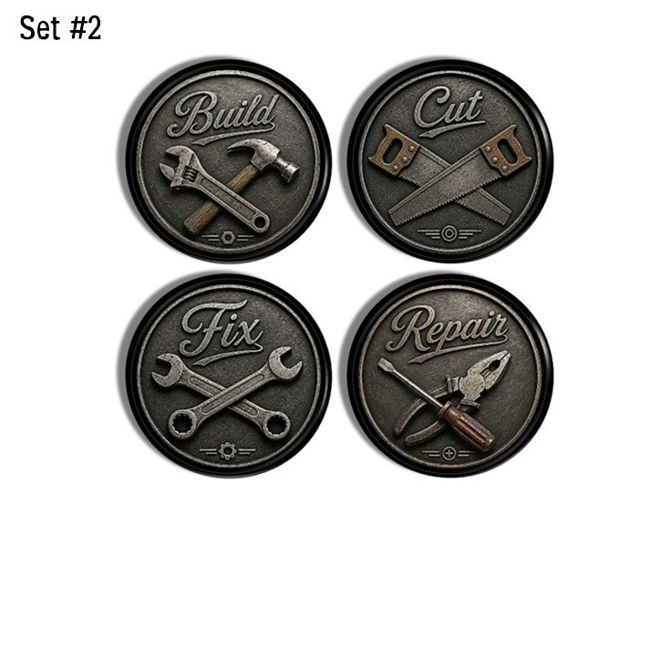 Rustic industrial cabinet knobs set. Decorative hardware featuring hammer, screwdriver, wrench and saw tool designs. Handyman theme for men's bathroom, man cave, garage cabinets and DIY storage