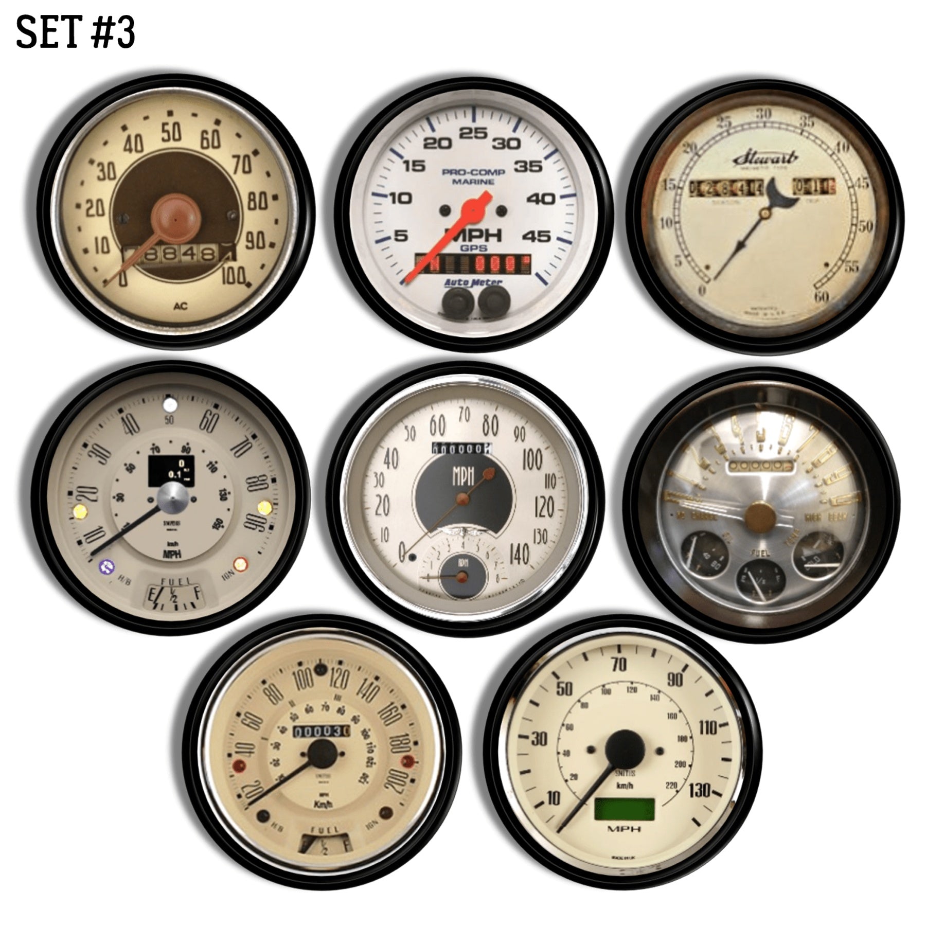 Set of 8 auto-themed drawer knobs featuring international and performance-style dashboard gauges, including KPH speedometers, a BMW-style dial, and modern metric instrumentation in bold, high-contrast designs.