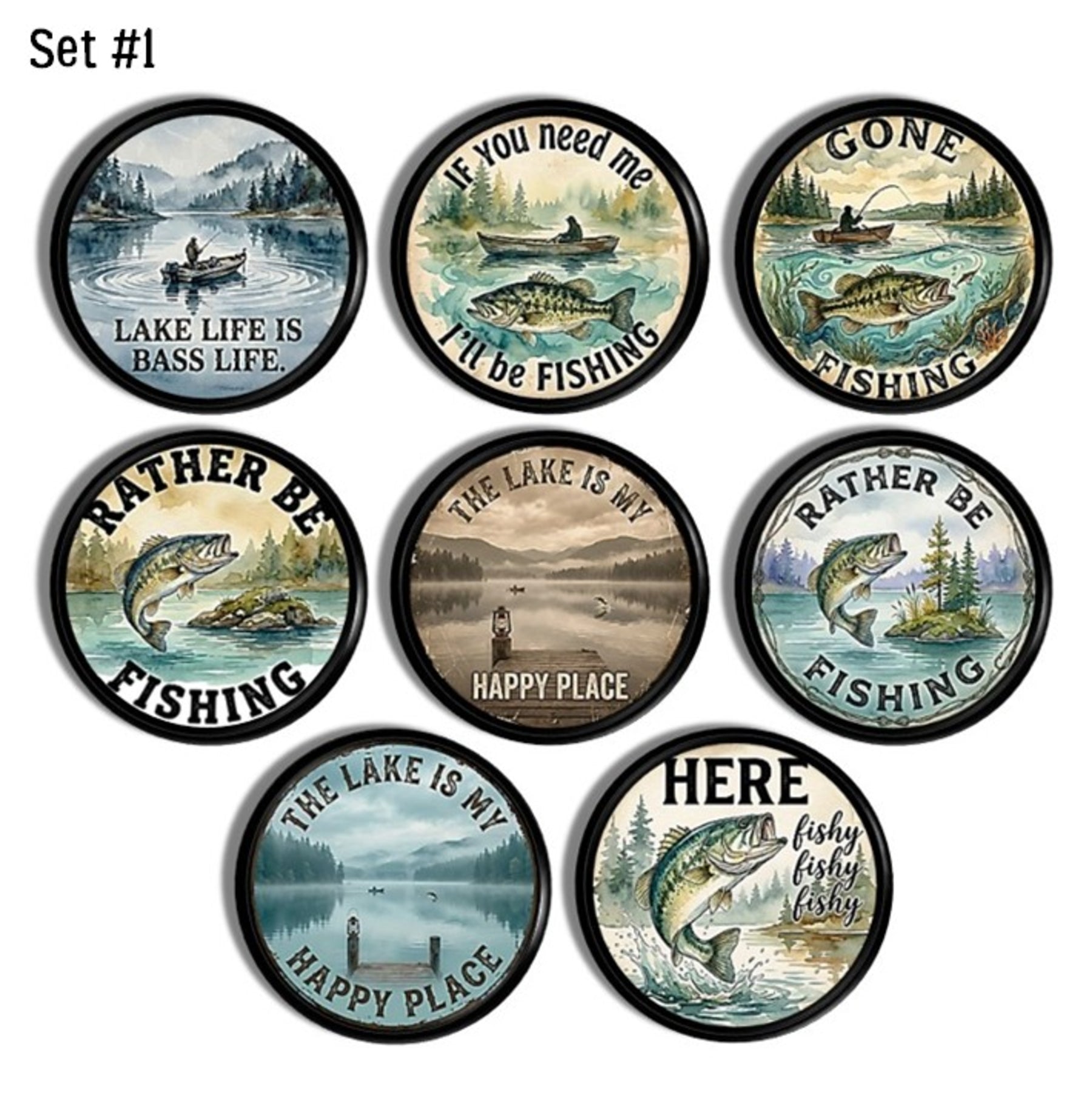 Set of 8 Lake‑life fishing cabinet knobs and drawer pulls featuring scenic bass, boats, and classic fishing sayings, perfect for rustic cabin, lodge, lake‑house, and outdoorsman man cave décor