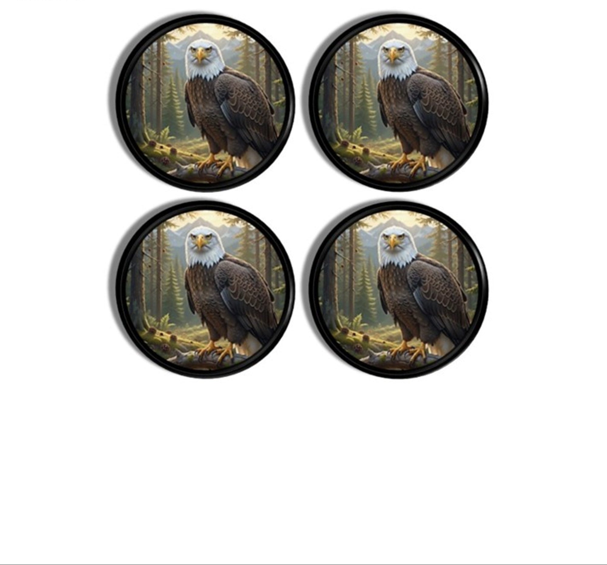 4 Handmade cabinet knobs. Majestic forest‑themed cabinet knobs featuring a bald eagle perched among evergreens with soft morning light, ideal for lodge, Americana, and rustic‑refined décor