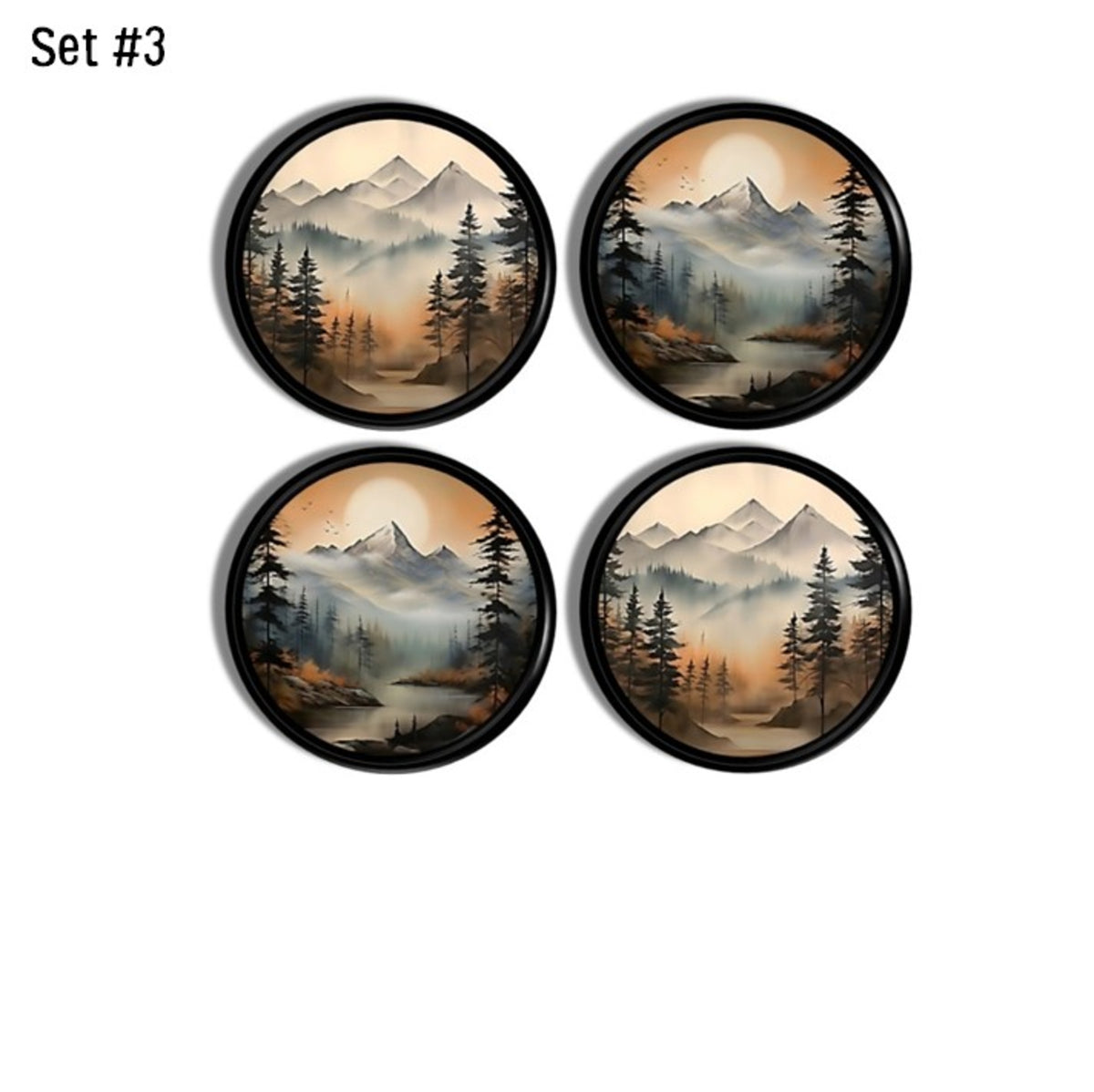 Rustic mountain landscape cabinet knobs set of 4 featuring misty forest scenes, peaceful river valleys, and layered mountain horizons for cabin, lodge, and nature‑inspired décor
